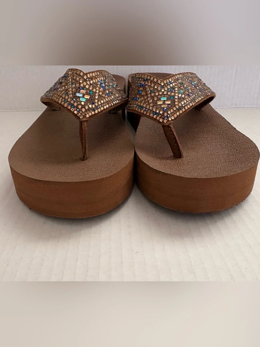 Yellow Box Penny flatform sandals blue & gold beaded detailing leather strap 8.5 - Picture 5 of 8